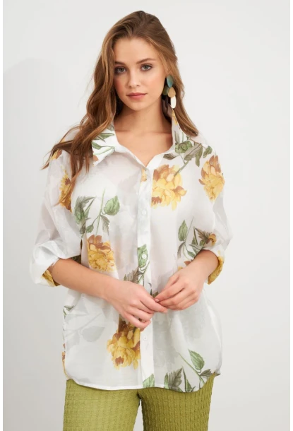Kadın Sarı Çiçek Desenli İnce Keten Gömlek MCAR1068