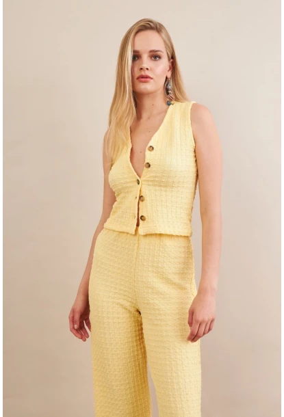 Kadın Sarı Gofre Yelek Pantalon Takım FLU330