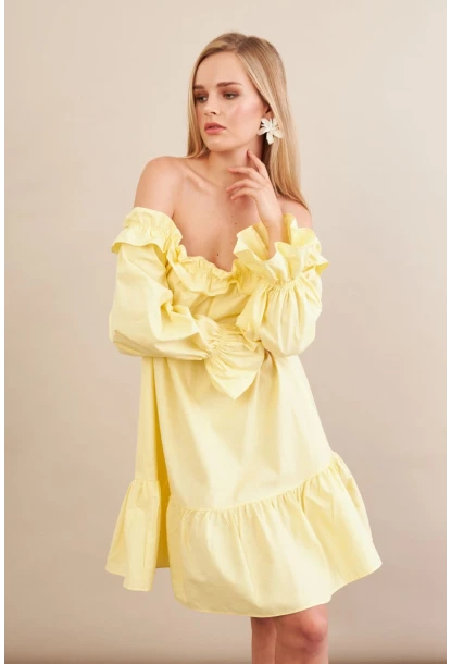 Kadın Sarı Madonna Yaka Midi Elbise PSG1012