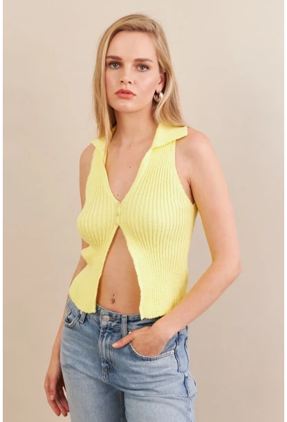 Kadın Sarı Polo Yaka Yumoş Yelek ZH050