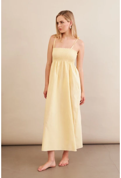 Kadın Sarı Straplez Çizgili Plaj Elbisesi