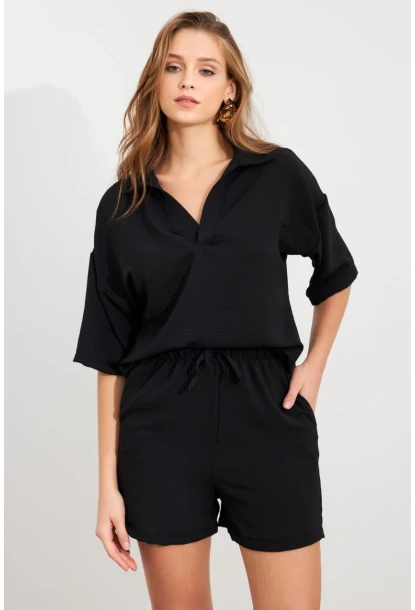 Kadın Siyah Aerobin Şort Takım Q1005