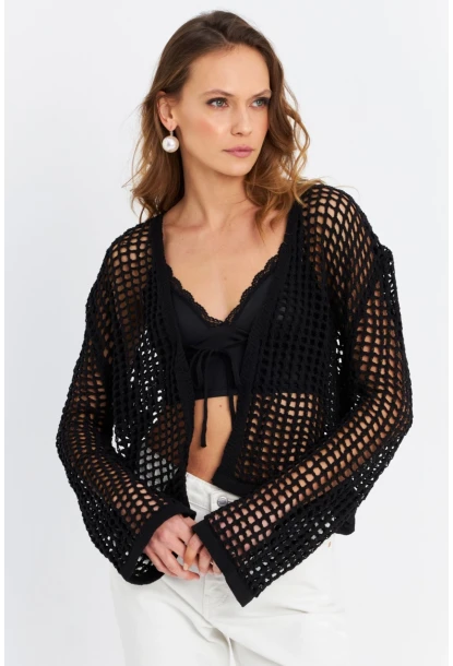 Kadın Siyah Ajurlu İspanyol Kol Hırka DS200