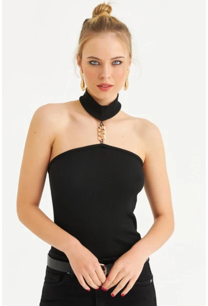 Kadın Siyah Aksesuar Detaylı Kaşkorse Bluz EY3084