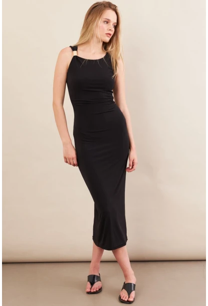 Kadın Siyah Aksesuarlı Büzgülü Midi Elbise İRE102