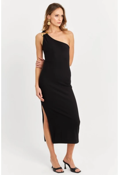 Kadın Siyah Aksesuarlı Tek Omuz Midi Elbise MOD1866