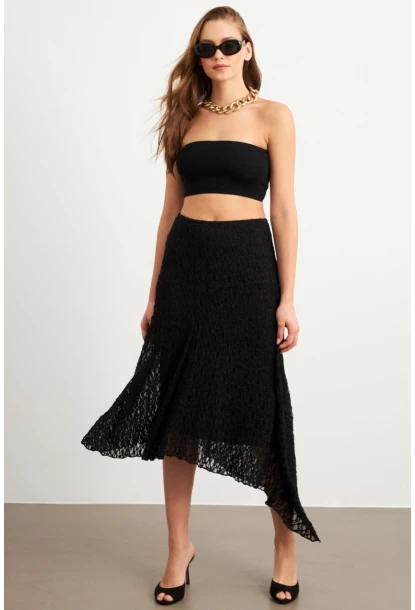 Kadın Siyah Asimetrik Dantel Midi Etek ZH357
