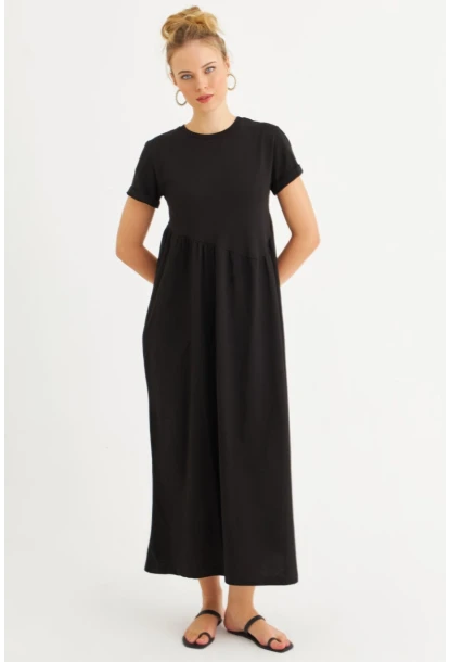 Kadın Siyah Asimetrik Dikişli Maxi Elbise MDMR440
