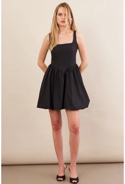 Kadın Siyah Askılı Mini Balon Elbise ERL105