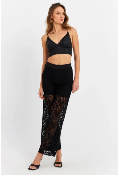 Kadın Siyah Astarlı Dantel Pantolon FLS04