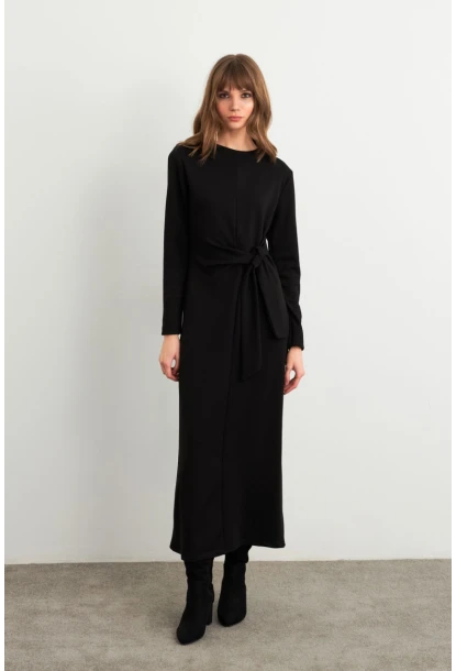 Kadın Siyah Bağlama Detaylı Midi Sweat Elbise MHOL100