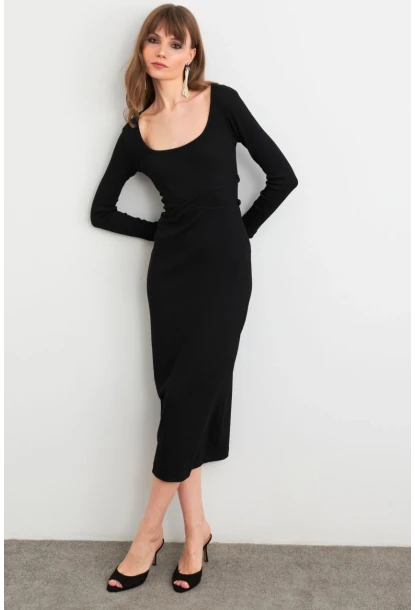 Kadın Siyah Bağlamalı Kaşkorse Midi Elbise EY3035