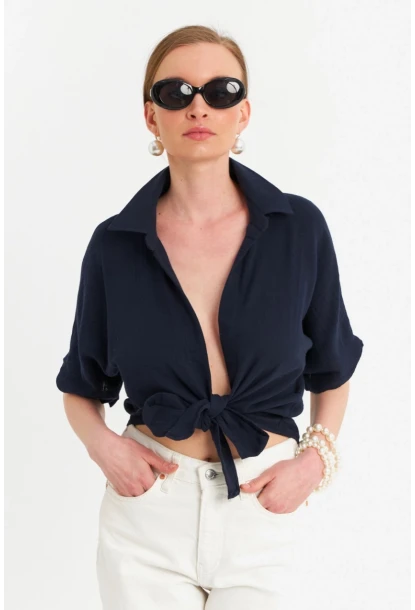 Kadın Siyah Bağlamalı Keten Bluz BTH16