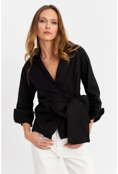 Kadın Siyah Bağlamalı Kruvaze Gömlek MFS9792