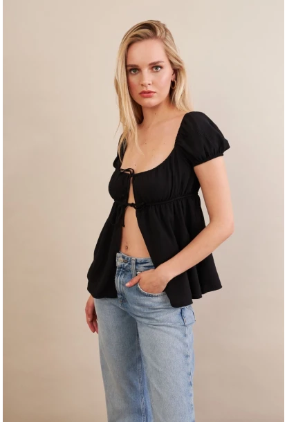 Kadın Siyah Bağlamalı Rustik Bluz ZH128