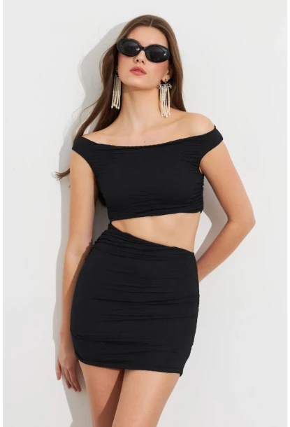 Kadın Siyah Bel Dekolteli Astarlı Mini Elbise ZH319