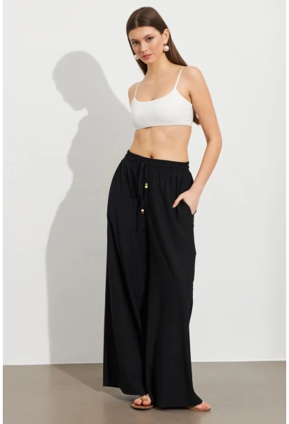 Kadın Siyah Beli Lastikli Bürümcük Pantolon ROP105