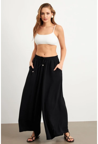 Kadın Siyah Beli Lastikli Cepli Palazzo Pantolon Sİ1155