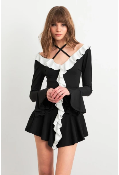 Kadın Siyah-Beyaz Volanlı İspanyol Kol Mini Elbise DCF108