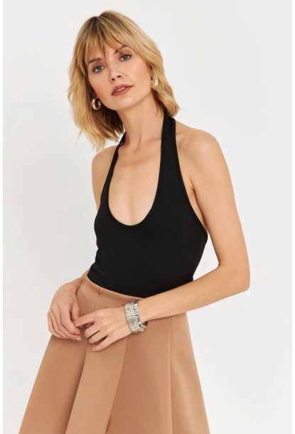 Kadın Siyah Boyun Askılı Crop Bluz TF69