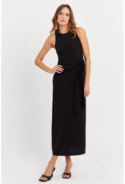 Kadın Siyah Büzgülü Kolsuz Midi Elbise TF75