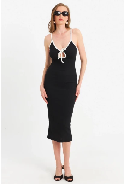 Kadın Siyah Çapraz Askılı Midi Elbise OR2452