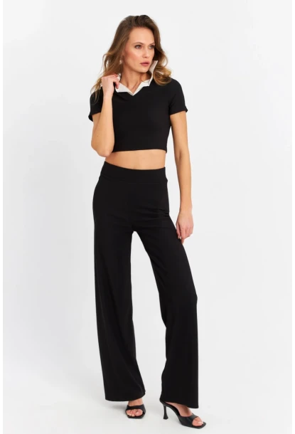 Kadın Siyah Crop Pantolon Takım RU6933