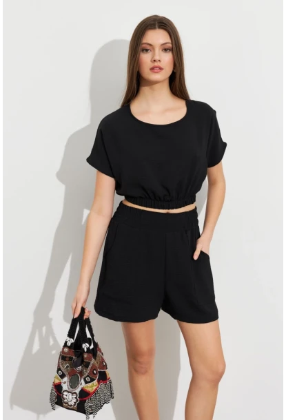 Kadın Siyah Crop Şort Takım Q1014