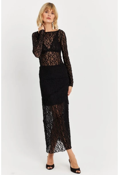 Kadın Siyah Dantelli Midi Etek FS9824