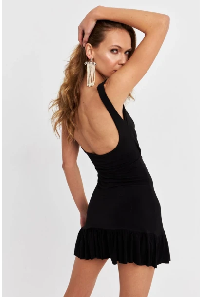 Kadın Siyah Degaje Yaka Mini Elbise HOR0078