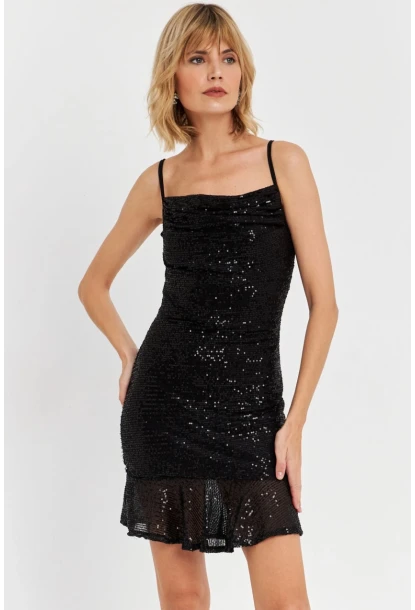 Kadın Siyah Degaje Yaka Pullu Mini Elbise DCF129