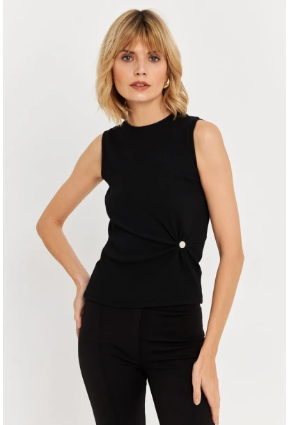 Kadın Siyah Düğme Aksesuarlı Büzgülü Bluz TF72