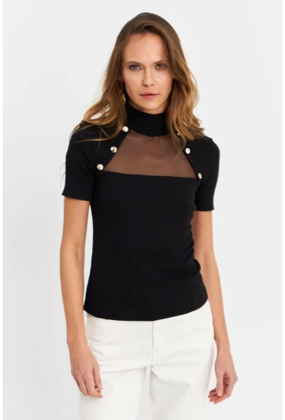 Kadın Siyah Düğme Aksesuarlı Kaşkorse Bluz TF56