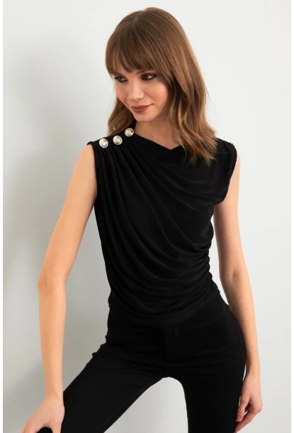 Kadın Siyah Düğme Detaylı Büzgülü Bluz LPP1205-1