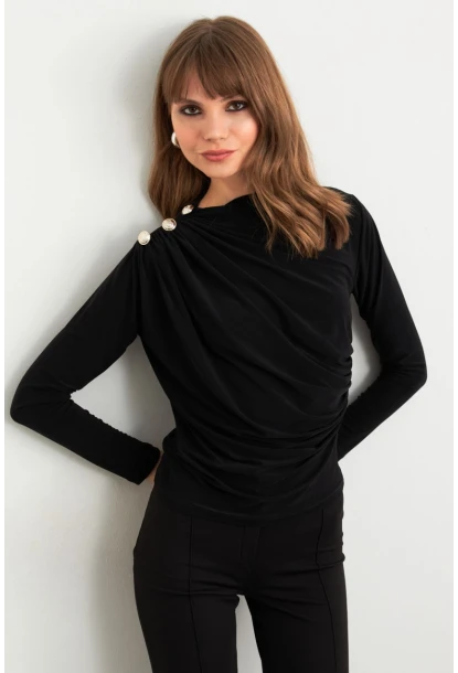 Kadın Siyah Düğme Detaylı Büzgülü Bluz LPP1223-1