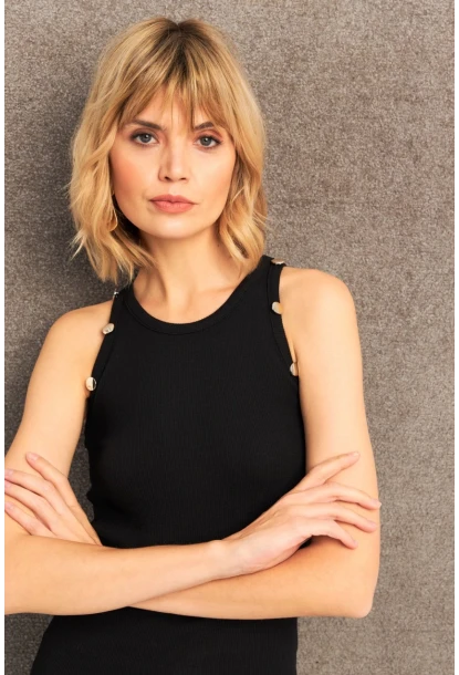 Kadın Siyah Düğme Detaylı Kolsuz Kaşkorse Bluz TF55