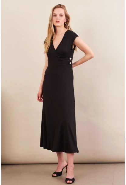 Kadın Siyah Düğme Detaylı Kruvaze Midi Elbise EY0011