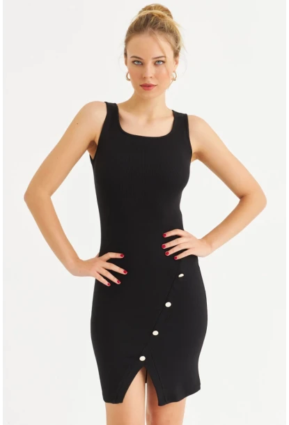 Kadın Siyah Düğme Detaylı Midi Elbise URO1111