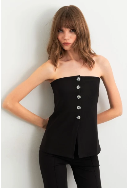 Kadın Siyah Düğme Detaylı Straplez Bluz CY355