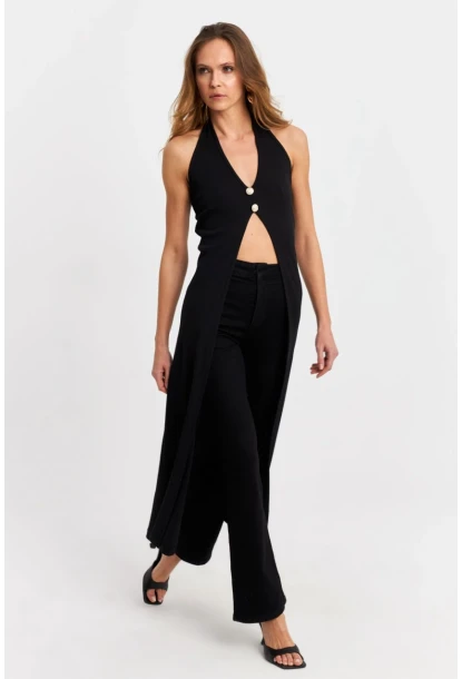 Kadın Siyah Düğme Detaylı Uzun Yelek EY3048