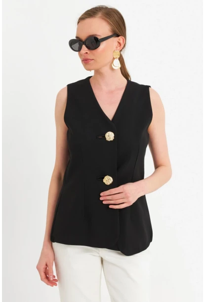 Kadın Siyah Düğme Detaylı Yelek CAR1152