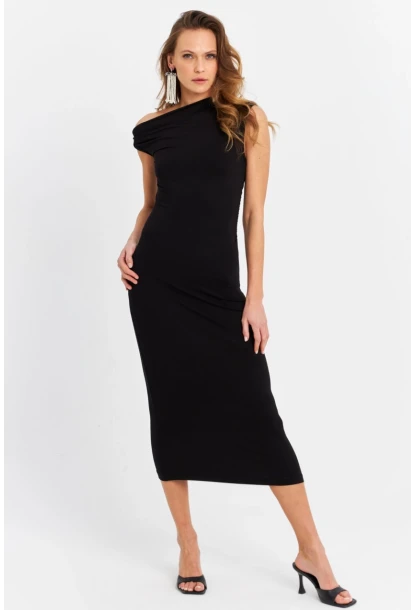 Kadın Siyah Düğümlü Midi Elbise EY3069