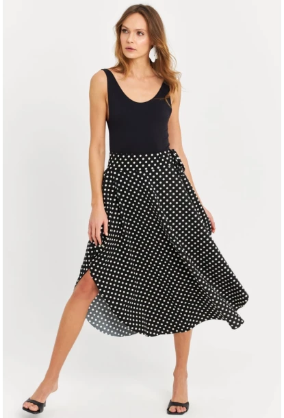 Kadın Siyah-Ekru Asimetrik Puantiyeli Etek LV81