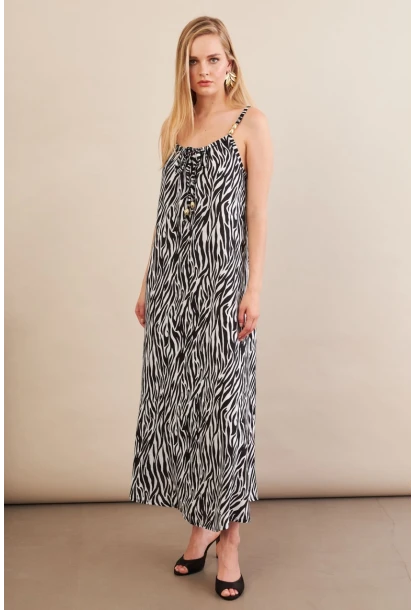 Kadın Siyah-Ekru Boyun Bağlamalı Midi Elbise AN6005