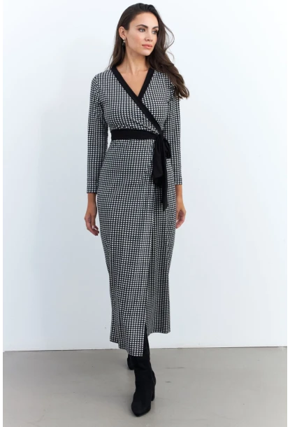 Kadın Siyah-Ekru Kruvaze Kazayağı Maxi Elbise MEY2941
