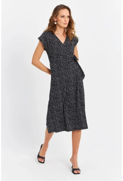 Kadın Siyah-Ekru Kruvaze Puantiyeli Midi Elbise EY3071