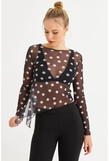 Kadın Siyah-Ekru Puantiyeli Tül Bluz RSP1740