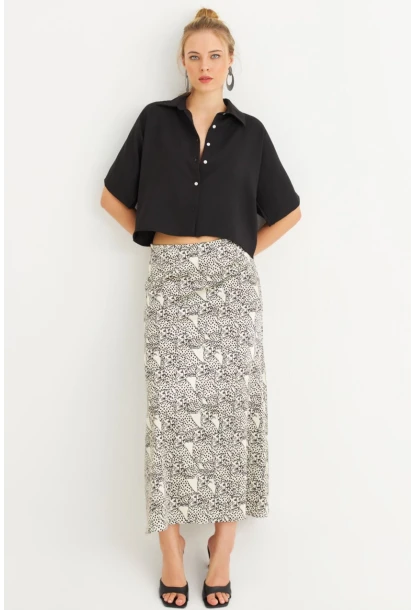 Kadın Siyah-Ekru Saten Midi Etek FİR1970