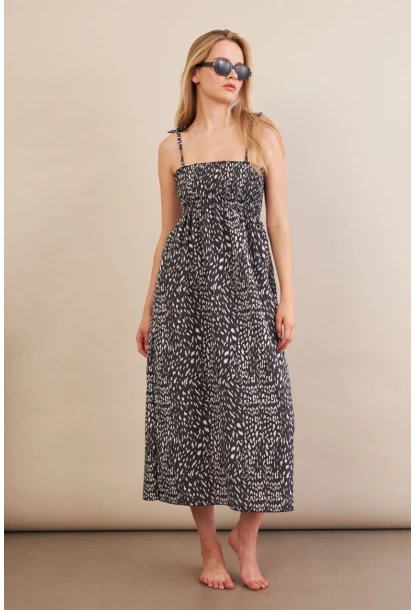 Kadın Siyah-ekru Straplez Çizgili Plaj Elbisesi