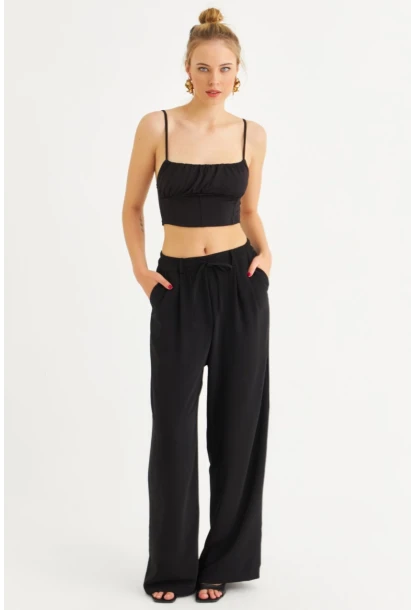 Kadın Siyah Fermuarlı Palazzo Pantolon MON143